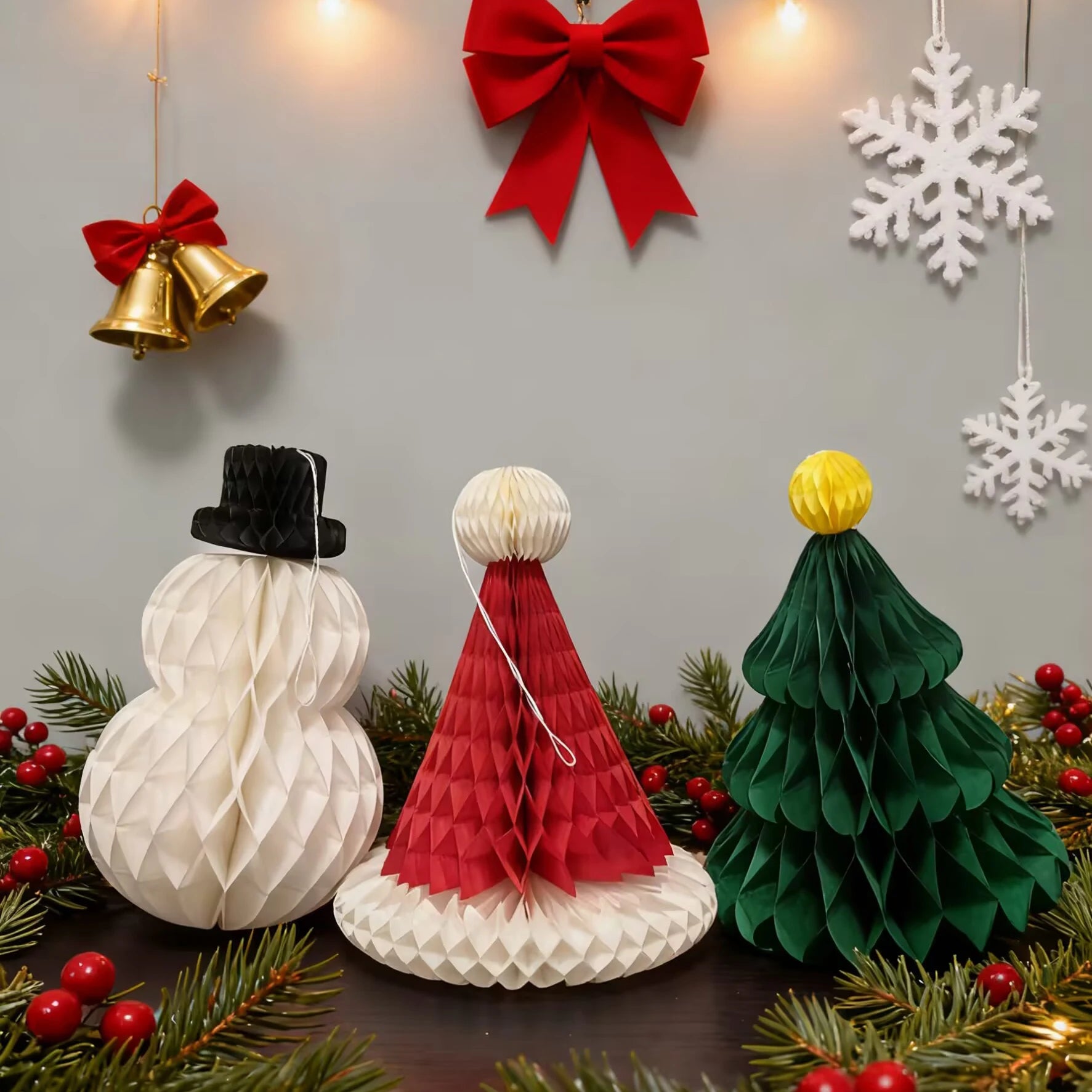 3PCS/SET  Hanging Christmas Centerpiece Decorations Santa Hat+Snow man+Christmas Tree Honeycomb Ornaments for Party Table Decor