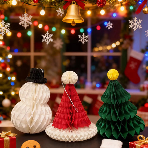 3PCS/SET  Hanging Christmas Centerpiece Decorations Santa Hat+Snow man+Christmas Tree Honeycomb Ornaments for Party Table Decor