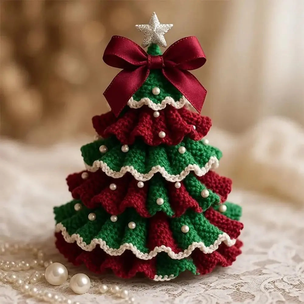Crochet Christmas Tree Kit DIY with Bow Faux Pearl Decor Holiday Craft Starter Set Handmade Crochet Christmas Tree Home Decor
