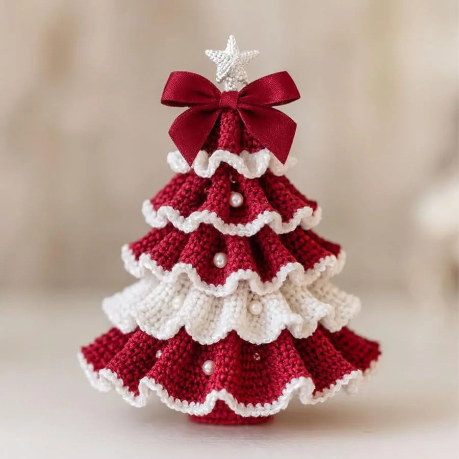 Crochet Christmas Tree Kit DIY with Bow Faux Pearl Decor Holiday Craft Starter Set Handmade Crochet Christmas Tree Home Decor