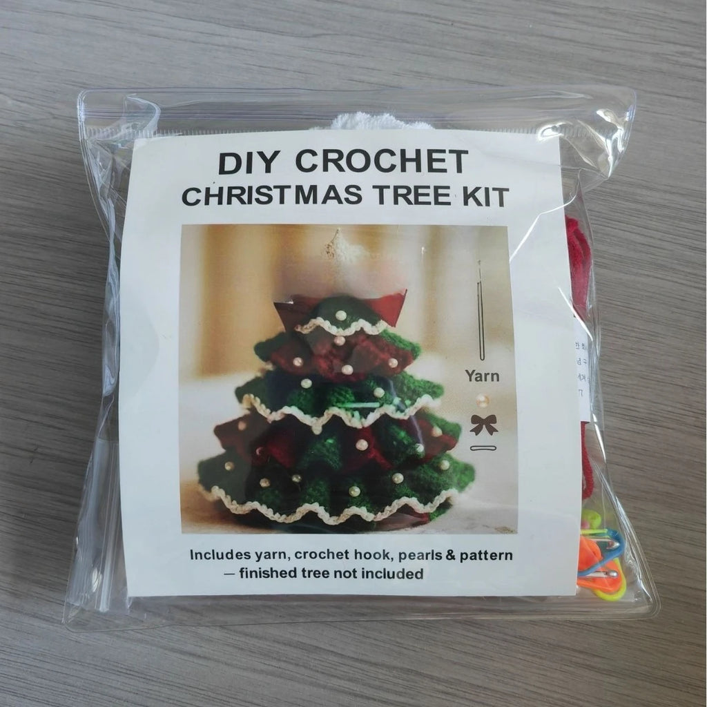 Crochet Christmas Tree Kit DIY with Bow Faux Pearl Decor Holiday Craft Starter Set Handmade Crochet Christmas Tree Home Decor