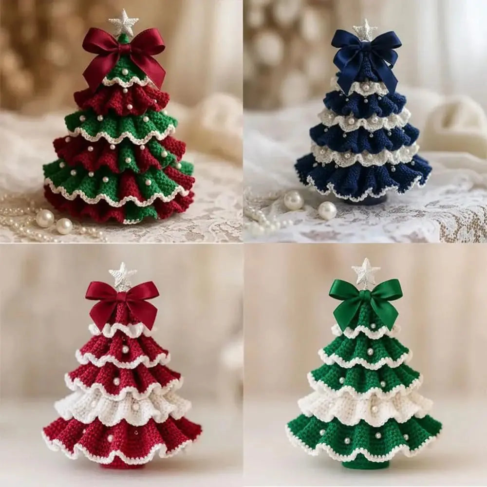 Crochet Christmas Tree Kit DIY with Bow Faux Pearl Decor Holiday Craft Starter Set Handmade Crochet Christmas Tree Home Decor