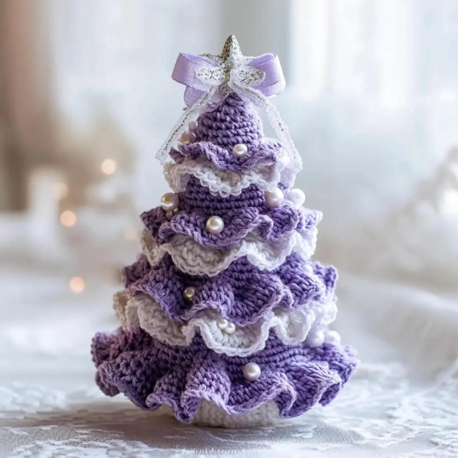 Crochet Christmas Tree Kit DIY with Bow Faux Pearl Decor Holiday Craft Starter Set Handmade Crochet Christmas Tree Home Decor