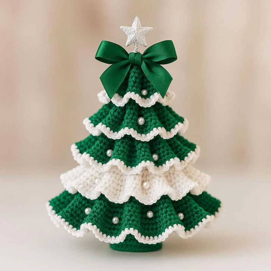 Crochet Christmas Tree Kit DIY with Bow Faux Pearl Decor Holiday Craft Starter Set Handmade Crochet Christmas Tree Home Decor